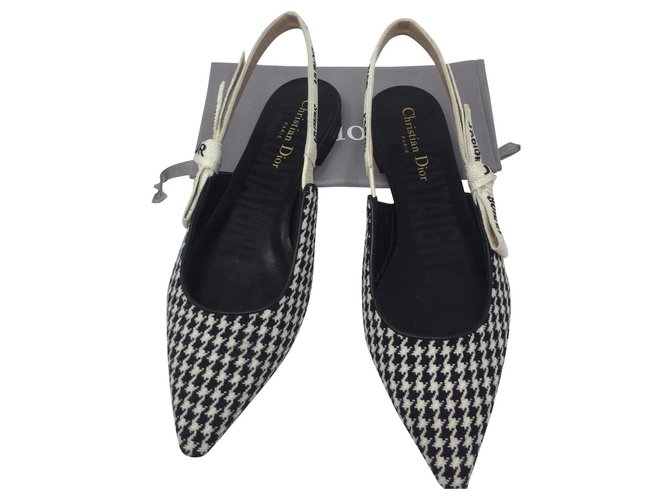 DIOR J'ADIOR Ballerina flat in wool houndstooth, embroidered ribbon Black White Leather  ref.184007