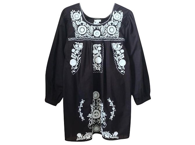 Autre Marque EDY Tunika Kleid aus schwarzer Baumwollpopeline mit Puffärmeln
