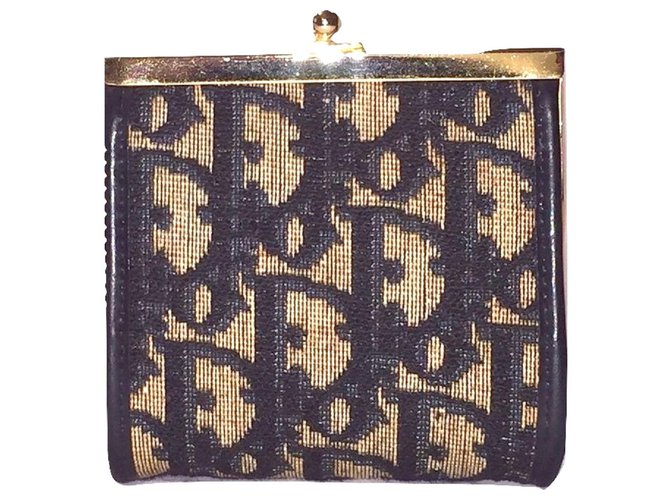 CHRISTIAN DIOR Oblique logo wallet Blue Cream Leather Cloth  ref.184061