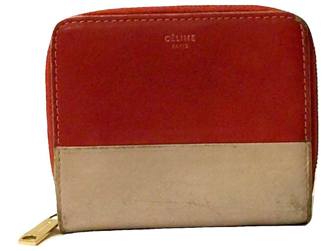 Céline CELINE compact zipped wallet Red Beige Leather  ref.184077