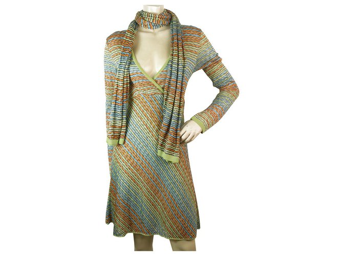 Missoni Sport Ecaille Green Blue Stripes Wool Knitted Dress & Scarf size 42 Multiple colors  ref.184081