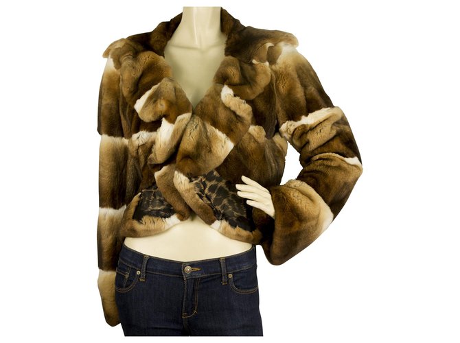 Roberto Cavalli Chinchila Brown Beige Fur Short Jacket Coat Leopard Silk lining Multiple colors  ref.184211