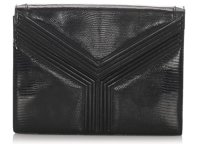 Yves Saint Laurent YSL Black Embossed Leather Clutch Bag Pony-style calfskin  ref.184306