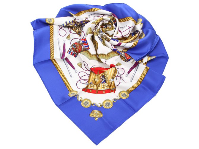 Hermès Foulard in seta blu Hermes Les Tambours Multicolore Panno  ref.184373