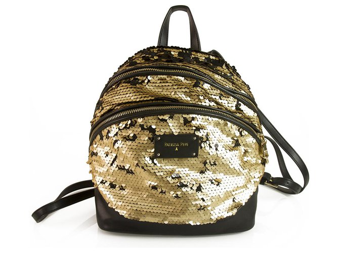 Patrizia Pepe black & gold Sequined Small Backpack Shoulder Bag Handbag Golden Synthetic  ref.184407