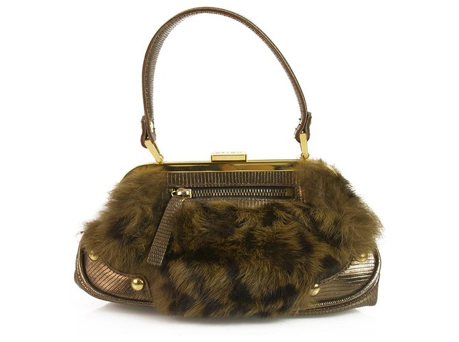 Autre Marque DESMO Genuine Fur with Bronze Metallic Lizard embossed leather Handbag Bag Purse Brown  ref.184409