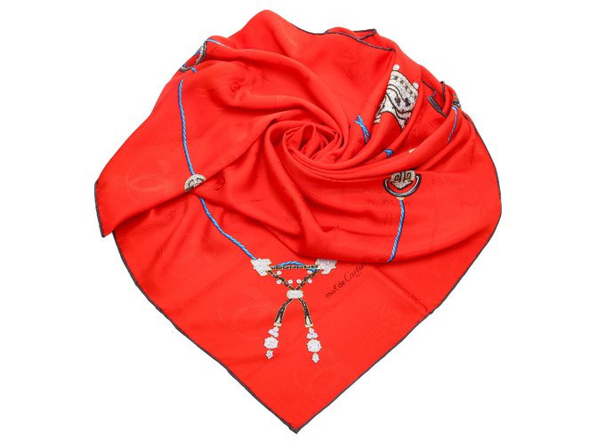 Bufanda de seda roja impresa Cartier Paño  ref.184485