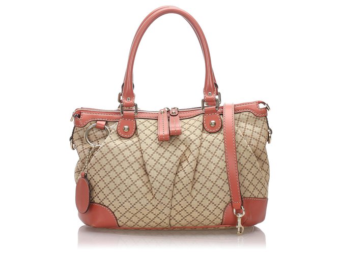 Gucci Brown Diamante Canvas Sukey Satchel Pink Beige Leather Cloth Pony-style calfskin Cloth  ref.184496