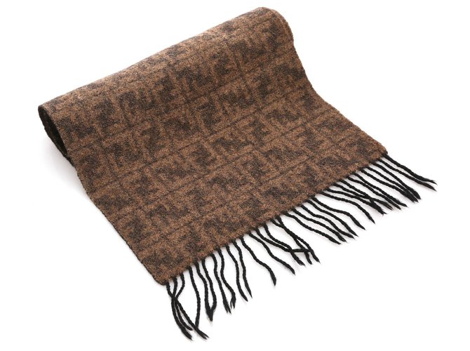 Fendi Brown Wool Zucca Fringe Scarf Cloth  ref.184503