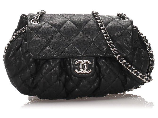 Chanel corrente preta grande em torno da bolsa mensageiro Preto Couro  ref.184701
