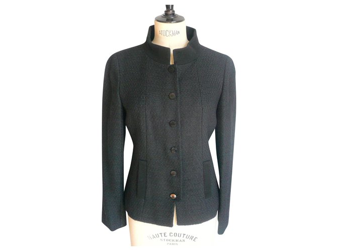 CHANEL Chaqueta de tweed ajustada negra perfecto estado T38 uniforme Negro Viscosa  ref.184862