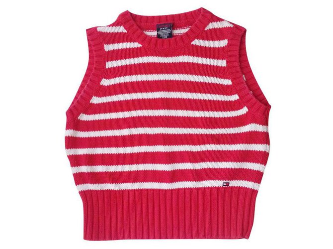 Tommy Hilfiger Sleeveless knit top in iconic Tommy stripes. Flag logo.  100% cotton. White Red  ref.184907