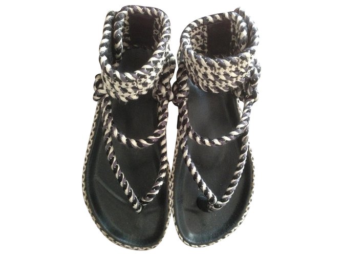 Isabel Marant sandali Nero Bianco Pelle Corda  ref.184911
