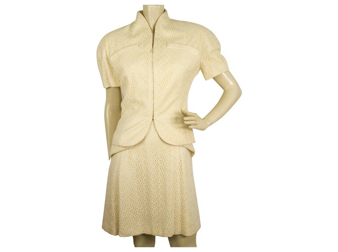 Christian Dior Champagne Cream Broderie Silk Jacket Dress Suit Set sz 38 40 Eggshell  ref.185041