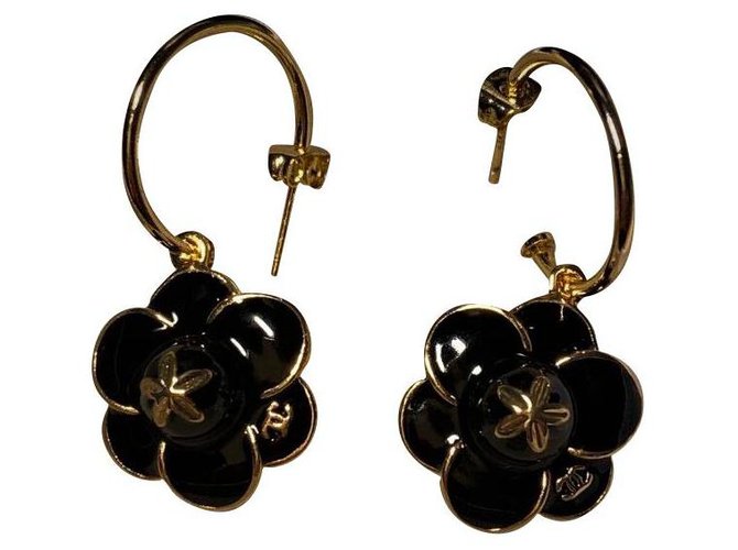 Very pretty black Chanel Camélia earrings New Gold-plated ref