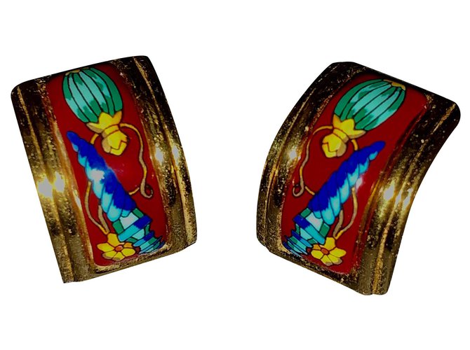 Magnifiques Boucles d’oreilles Hermès en plaque or et Émail Plaqué or Multicolore  ref.185115