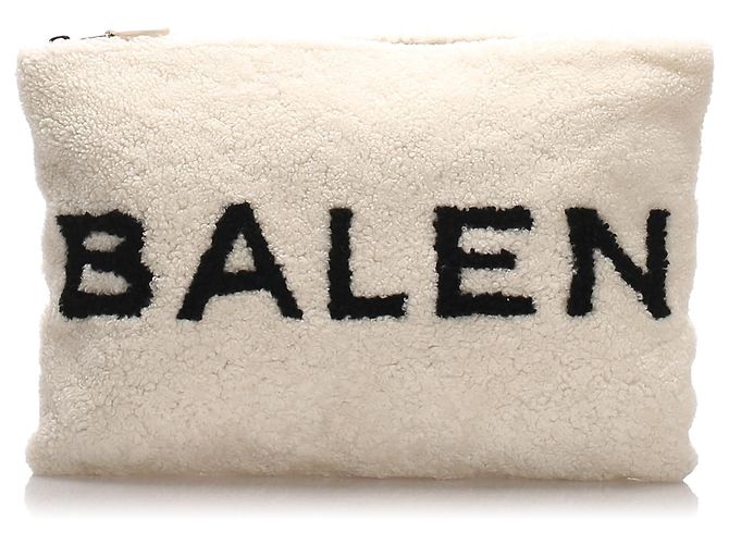 Balenciaga White Shearling Logo Clutch Bag