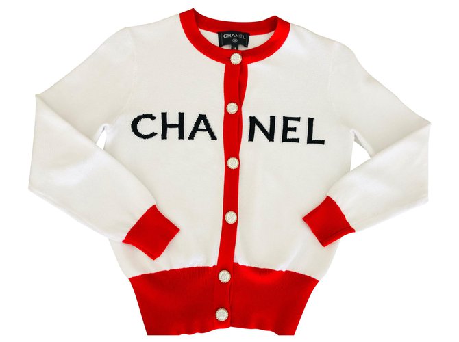 Chanel-Cardigan 2019, weiß und Rot Baumwolle  ref.185504