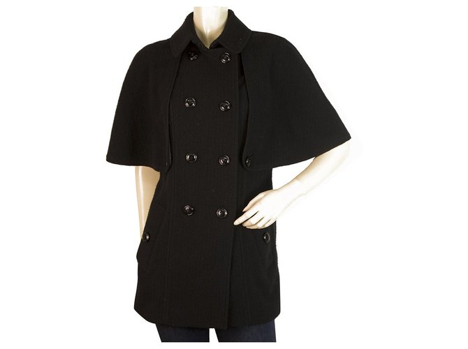 Burberry Black Virgin Wool & Cashmere Belted Trench Jacket Short Coat UK 8 USA 6  ref.185874