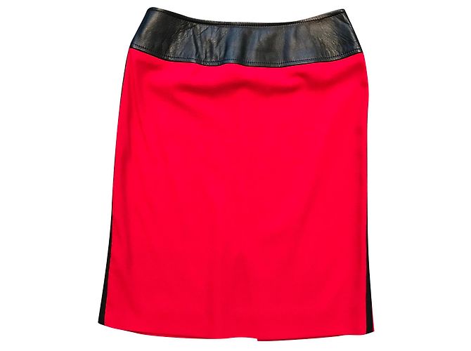 D&G Roter Wollrock mit Lederdetails Schwarz
