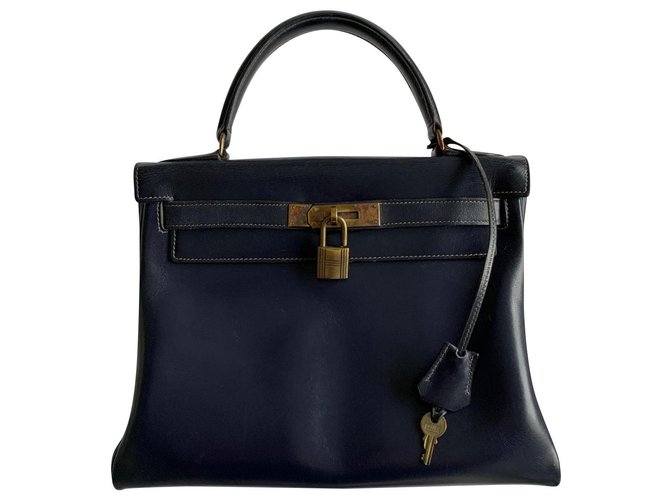 Hermès Kelly 25 retourné en cuir box bleu marine (vintage 1960)  ref.185981