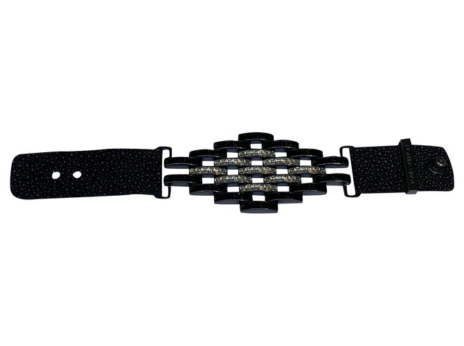 Louis Vuitton Exotic and shiny Swarovski leather bracelet Black Silvery Exotic  leather Glass ref.186203 - Joli Closet