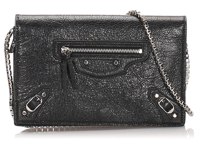 Balenciaga Black Calfskin Leather Silver Logo Chain Wallet Bag