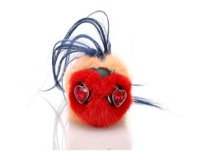 Fendi Red Heart Bug Bag Charm Blue Fur  ref.186591
