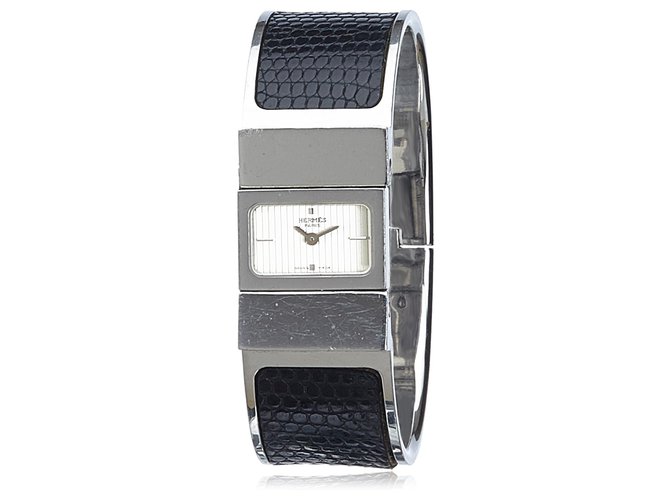 Hermès Hermes Black Loquet Uhr Schwarz Silber Leder Stahl Metall  ref.187139