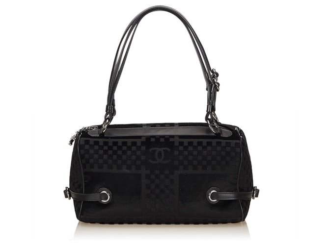 Chanel Black Velour Shoulder Bag Leather Velvet Cloth  ref.187215