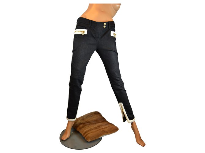 Jean BALMAIN motociclista T 38 pantaloni skinny in cotone bianco nero con attributi dorati  ref.187420