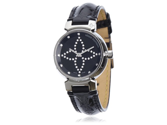 Louis Vuitton Silver Diamond Tambour Forever Black Silvery Leather Patent leather Steel Metal  ref.187640