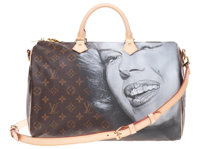 Louis Vuitton Speedy 35 shoulder strap in new Monogram canvas customized "Marilyn Monroe" and numbered #59 by artist PatBo Brown Leather Cloth  ref.188098