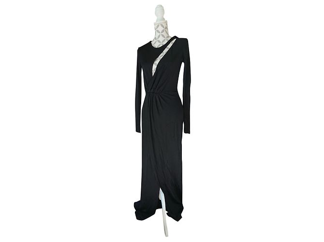 Balmain Schwarzes Mesh Kleid mit Schlitz und langen Ärmeln