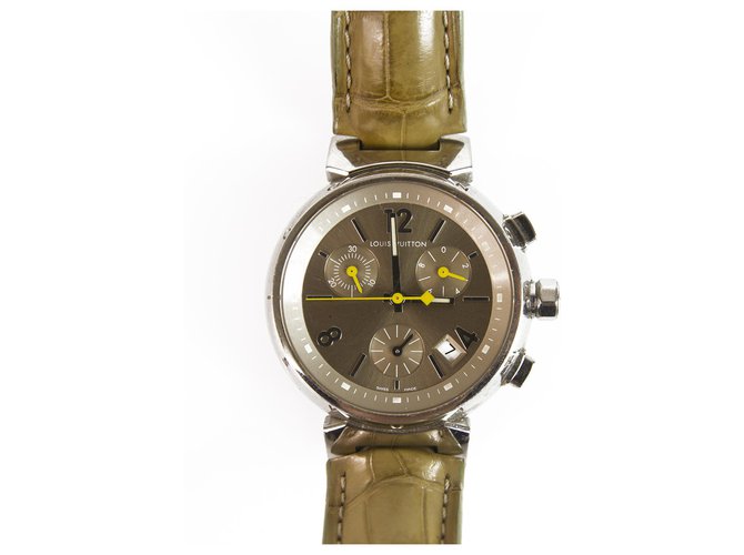 LOUIS VUITTON Q1122 Sable Medium Tambour Chronograph Quartz Watch 34mm femmes Acier Argenté  ref.188513