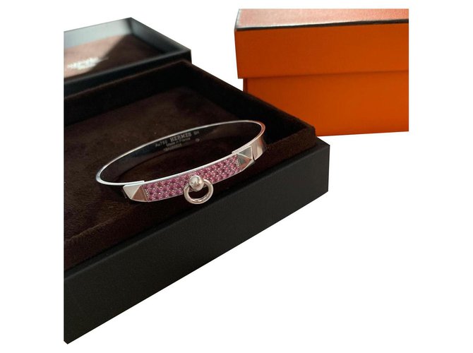 Hermès Collier de Chien bracelet in white gold and garnets Silvery Pink  ref.188621