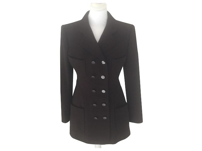 Chanel Wool Tweed Blazer Jacket Chocolate Brown Black