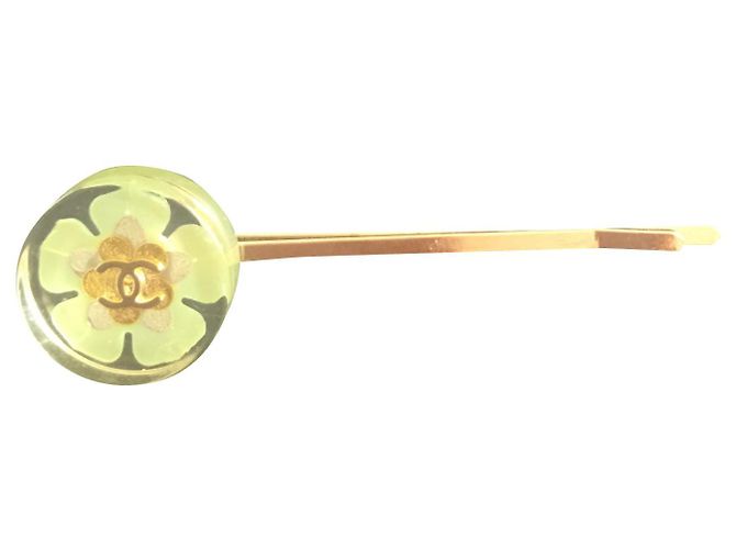Accessorio per Capelli Chanel Fiore Logo Oro e Resina Verde D'oro
