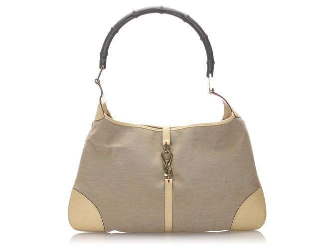 Gucci Brown Bamboo Canvas Jackie Beige Leather Cloth Pony-style calfskin Cloth  ref.188969