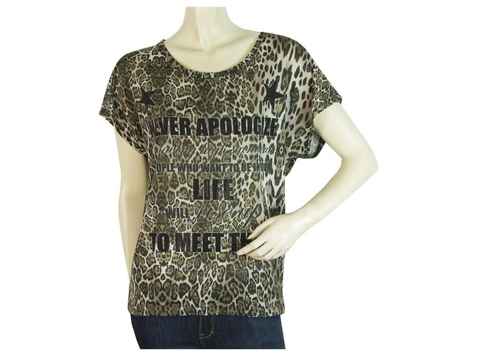 Philipp Plein Animal Print Wild Nunca te disculpes Rhinestone Sequined T-shirt Top Estampado de leopardo Poliéster  ref.189012