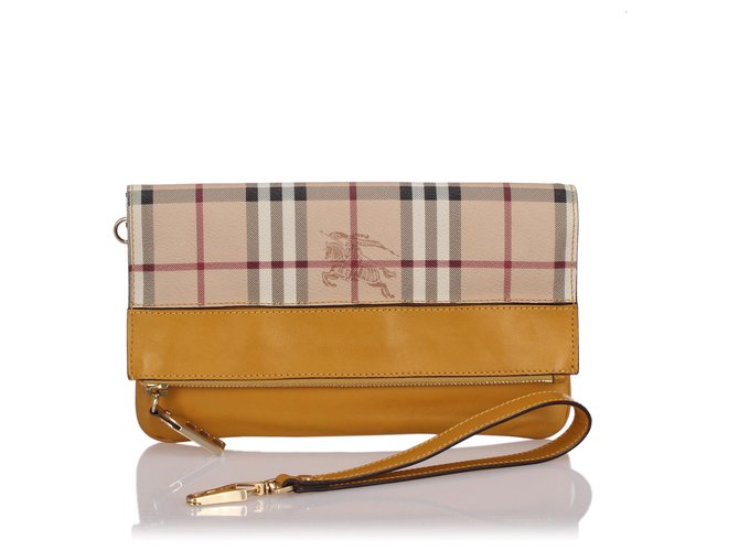 Burberry Brown Haymarket Check Adeline Clutch Bag Beige Yellow Leather Cloth Pony-style calfskin Cloth  ref.189296