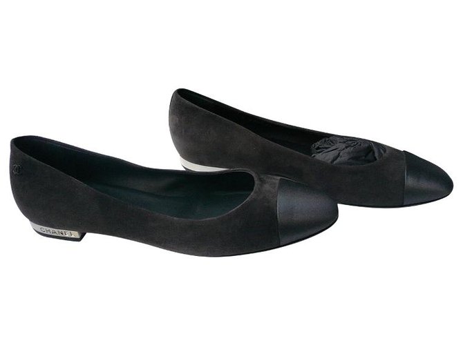 CHANEL New leather and satin ballet flats Dark gray T40 Neuves Grey  ref.189303