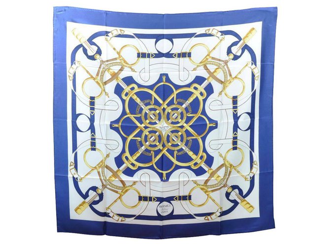 Pañuelo Hermès "" Eperon d Or "" Azul Seda  ref.189678