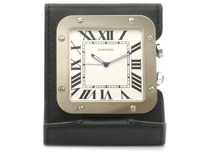 Cartier Silver Santos de Cartier Relógio Despertador Preto Prata Couro Aço Metal Bezerro-como bezerro  ref.189757