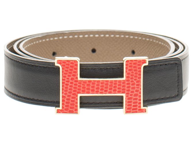 Sublime Hermès Reverse belt in black swift leather and etoupe epsom, gold-plated metal buckle and lizard, in excellent condition! Red Grey Exotic leather  ref.189884