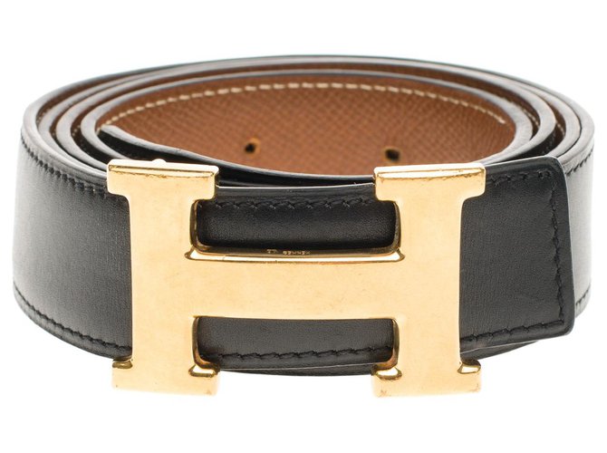 Constance Hermès Reverse belt in black box leather and gold courchevel, gold plated metal buckle, taille 105 Golden  ref.189895