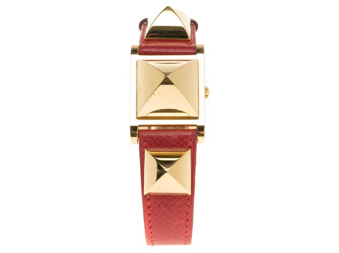 Hermès Montre Hermes Médor - Wristwatch en plaqué or Ref : ME1.201 Cuir Rouge  ref.189904