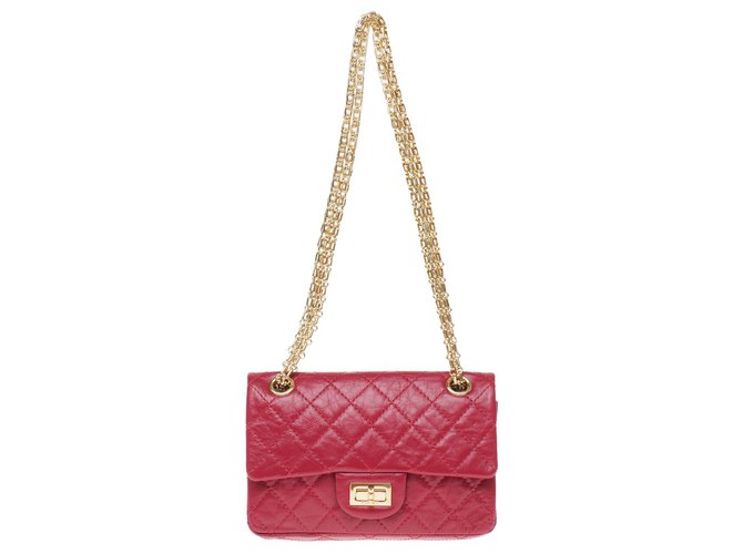 Mini bolso Chanel 2.55 Reedición en cuero acolchado rojo, Joyas de oro, condición excepcional! Roja  ref.175712
