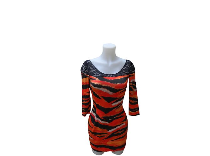 Vestido Just Cavalli Laranja de Viscose e Renda Preta Multicor