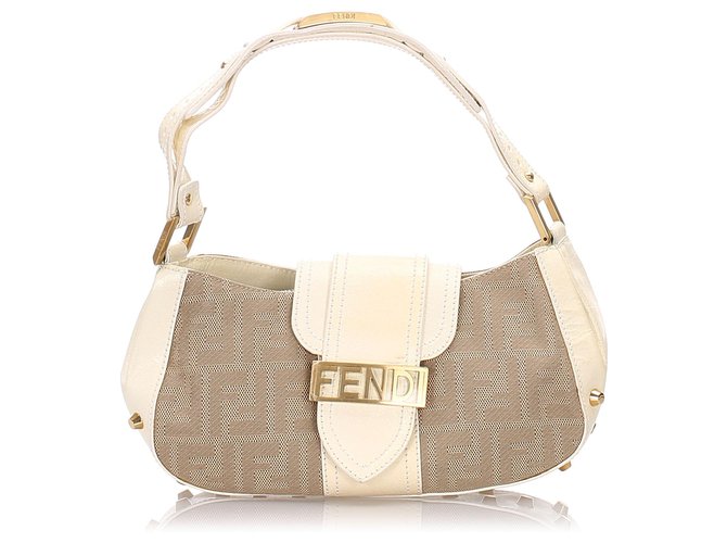 Baguette de lona Fendi Brown Zucca Castaño Blanco Cuero Lienzo Becerro Paño  ref.190055